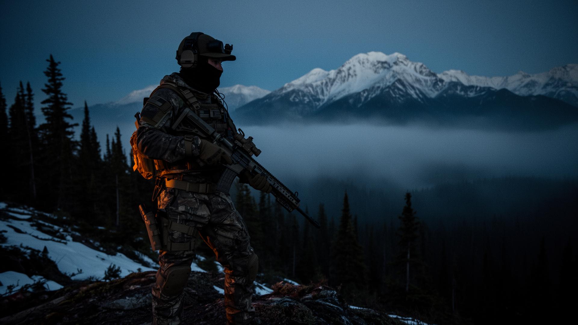 Tactical operator in the Alaskan wilderness at twilight