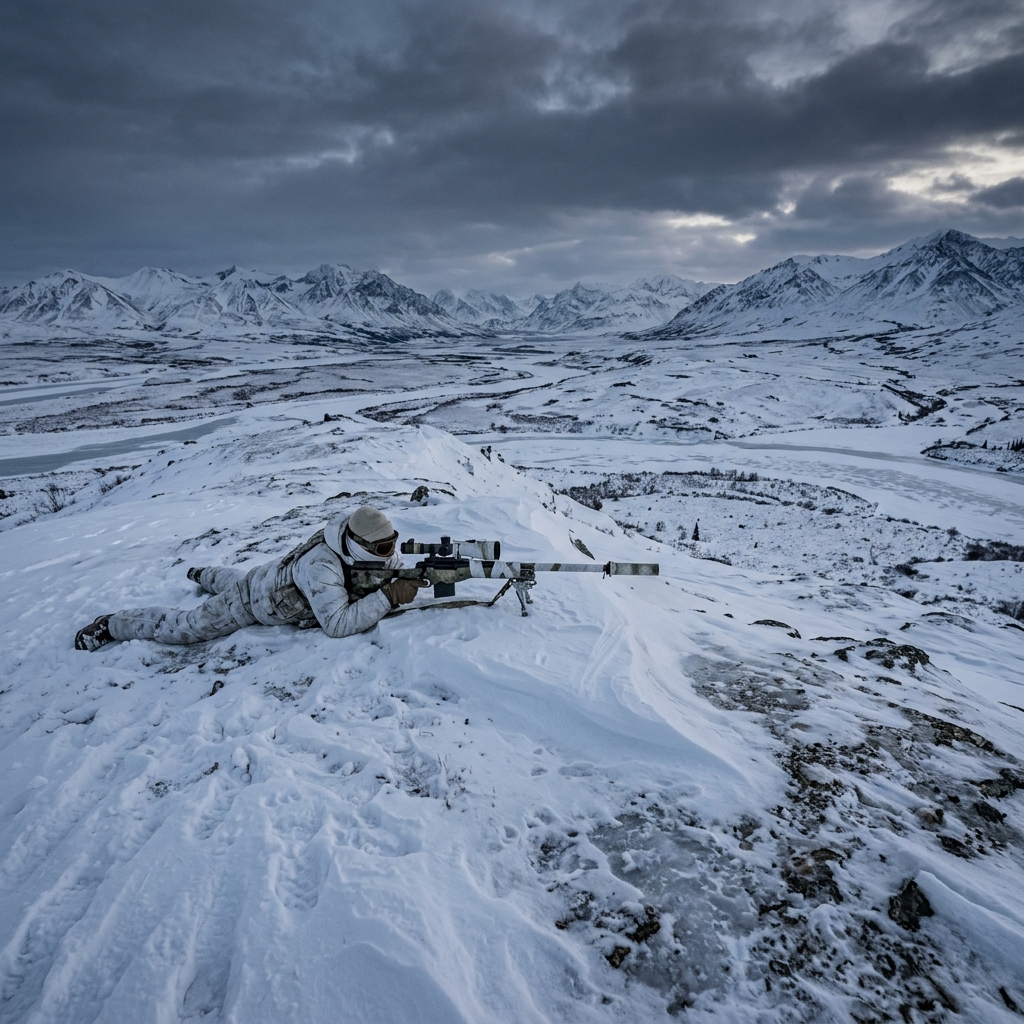 Tactical operator in the Alaskan wilderness at twilight